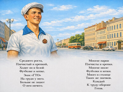 ЗНАК ГТО НА ГРУДИ У НЕГО — К СЛАВНОМУ ПОДВИГУ КАЖДЫЙ ГОТОВ!